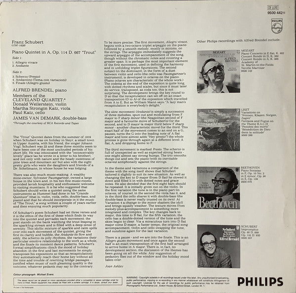 Franz Schubert, Alfred Brendel, Members Of The Cleveland Quartet, James VanDemark – Piano Quintet, Op. 114 "Trout" LP vinyl record, image 2 of 4