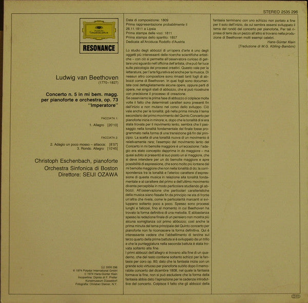 Ludwig van Beethoven, Christoph Eschenbach, Boston Symphony Orchestra, Seiji Ozawa – Concerto N. 5 »Imperatore« Per Pianoforte E Orchestra LP vinyl record, image 2 of 2