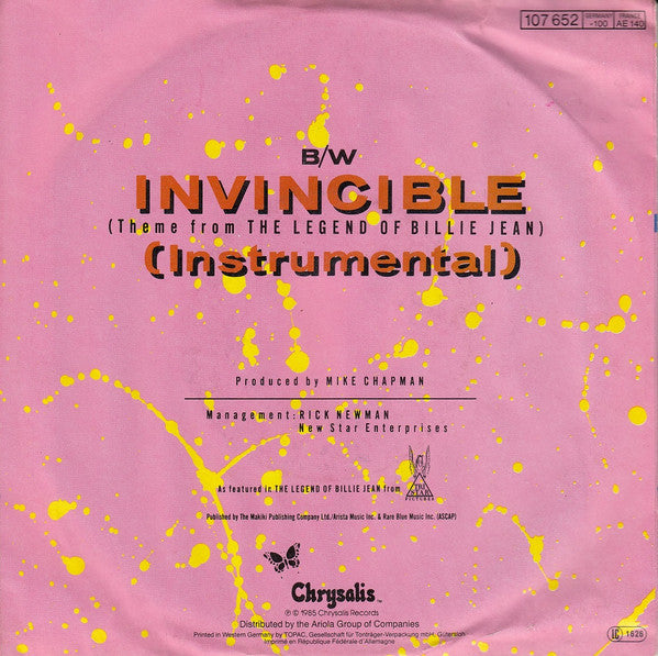 Pat Benatar – Invincible (Theme From The Legend Of Billie Jean) 7" vinyl record, image 2 of 4