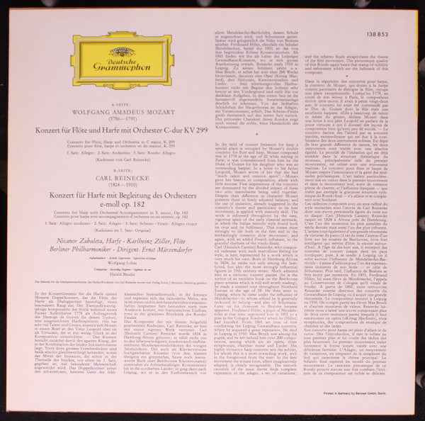 Wolfgang Amadeus Mozart, Carl Reinecke, Karlheinz Zöller, Nicanor Zabaleta, Berliner Philharmoniker, Ernst Märzendorfer – Konzert Für Flöte Und Harfe • Konzert Für Harfe LP vinyl record, image 2 of 4