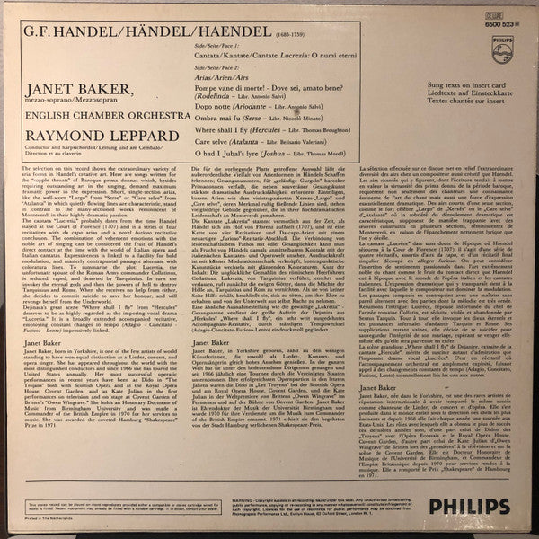 Georg Friedrich Händel, Janet Baker, English Chamber Orchestra, Raymond Leppard – Cantata Lucrezia / Largo: Ombra Mai Fu / Etc. LP vinyl record, image 2 of 6