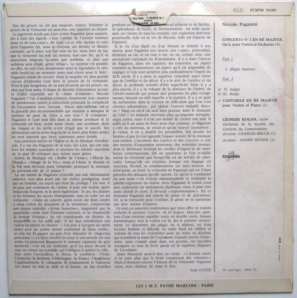 Niccolò Paganini, Leonid Kogan, Orchestre De La Société Des Concerts Du Conservatoire, Charles Bruck – Concerto N°. 1 En Ré Majeur / Cantabile En Ré Majeur LP vinyl record, image 2 of 4
