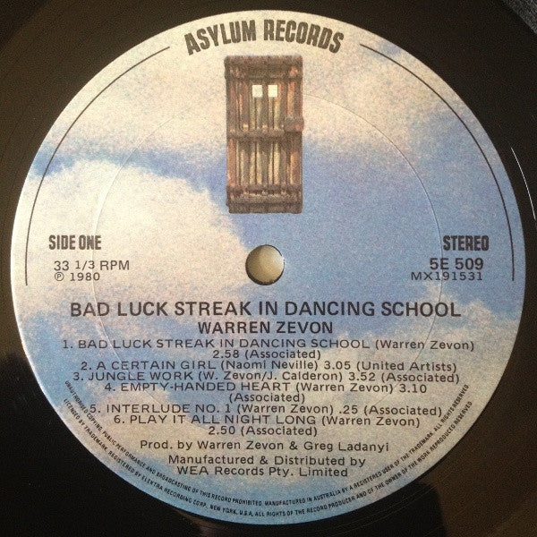 Warren Zevon – Bad Luck Streak In Dancing School LP vinyl record, image 3 of 4