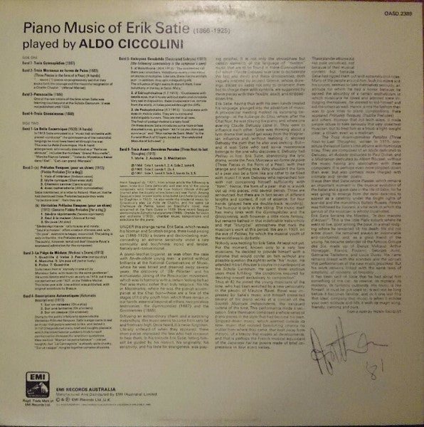 Erik Satie, Aldo Ciccolini – Piano Music LP vinyl record, image 2 of 4