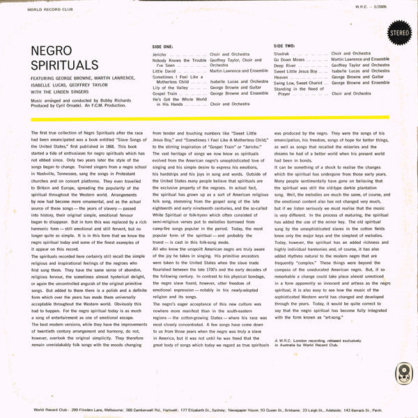 The New World Show Orchestra, The Linden Singers, George Browne, Martin Lawrence, Isabelle Lucas, Geoffrey Taylor – Negro Spirituals LP vinyl record, image 2 of 4