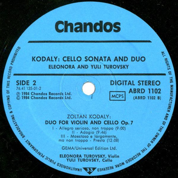 Zoltán Kodály, Yuli Turovsky, Eleonora Turovsky – Solo Cello Sonata Op.8 / Duo For Violin And Cello Op.7 LP vinyl record, image 4 of 4