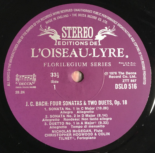 Nicholas McGegan, Colin Tilney, Christopher Hogwood, Johann Christian Bach – Four Sonatas & Two Duets, Op. 18 LP vinyl record, image 5 of 6
