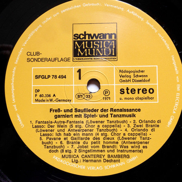 Musica Canterey Bamberg – Freß- Und Sauflieder Der Renaissance Garniert Mit Spiel- Und Tanzmusik LP vinyl record, image 3 of 3