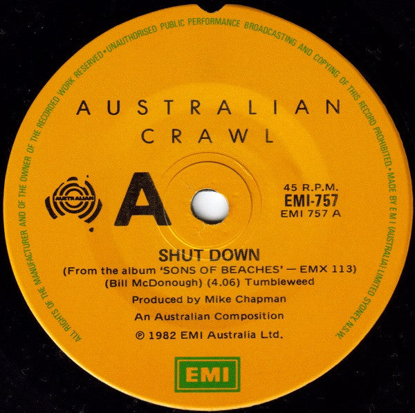 Australian Crawl – Shut Down 7" vinyl record, image 1 of 2