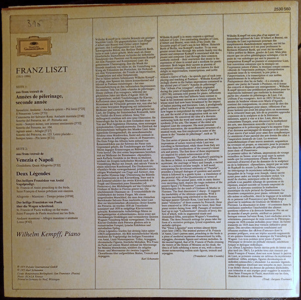 Franz Liszt, Wilhelm Kempff – Seconde Année De Pèlerinage • Deux Légendes LP vinyl record, image 2 of 4