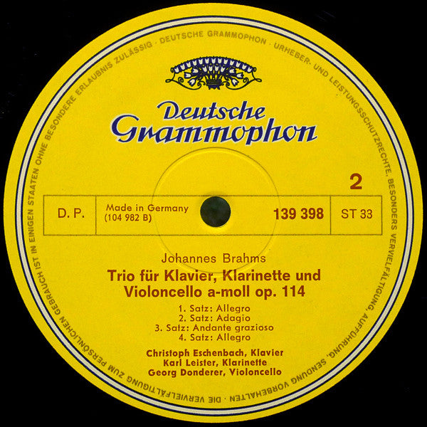 Johannes Brahms, Christoph Eschenbach, Gerd Seifert, Karl Leister, Eduard Drolc, Georg Donderer – Horntrio Op.40 • Klarinettentrio Op.114 LP vinyl record, image 4 of 4