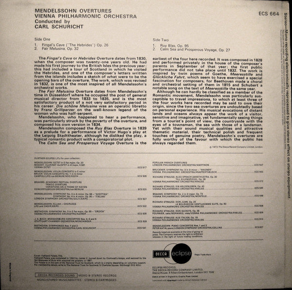 Felix Mendelssohn-Bartholdy, Wiener Philharmoniker, Carl Schuricht – Overtures LP vinyl record, image 2 of 4