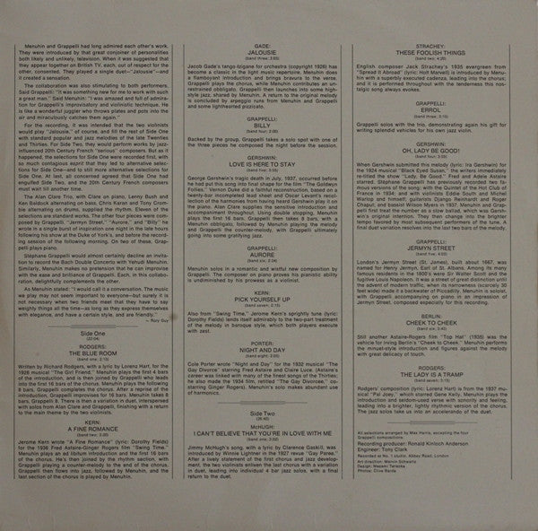 Yehudi Menuhin, Stéphane Grappelli, Alan Clare Trio – Jalousie LP vinyl record, image 4 of 6