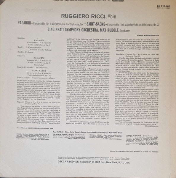 Niccolò Paganini, Camille Saint-Saëns, Ruggiero Ricci, Cincinnati Symphony Orchestra, Max Rudolf – Concerto No. 2 In B Minor, Op. 7 ("La Campanella") / Concerto No. 1 In A Major, Op. 20 LP vinyl record, image 2 of 3