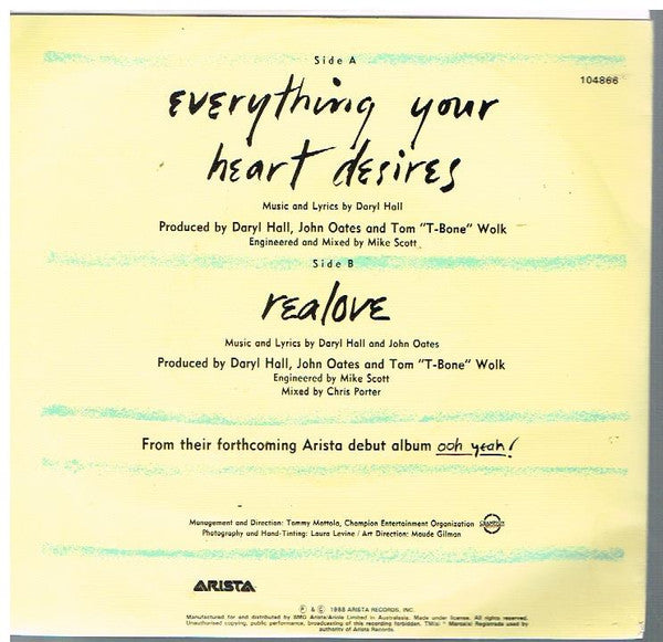 Daryl Hall & John Oates – Everything Your Heart Desires 7" vinyl record, image 2 of 4