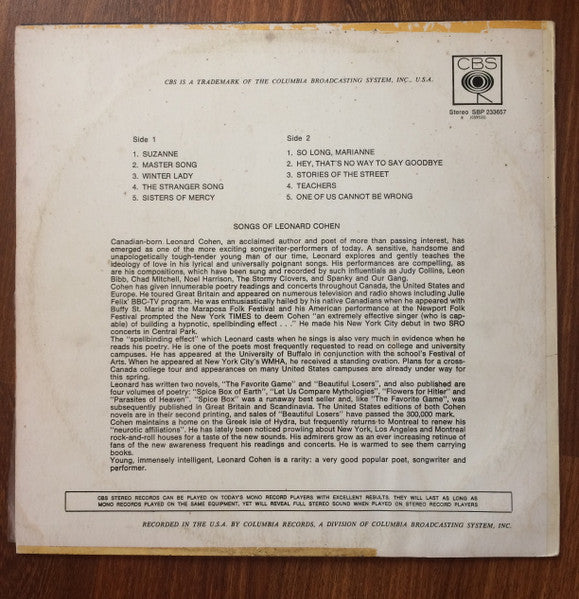 Leonard Cohen – Songs Of Leonard Cohen LP vinyl record, image 2 of 4