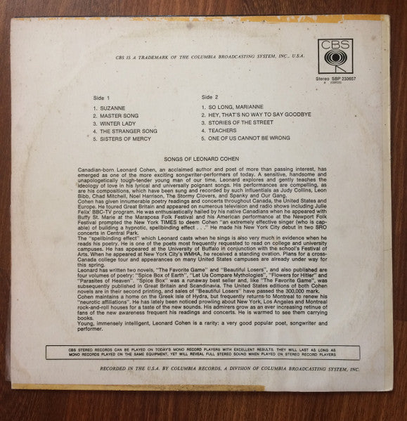 Leonard Cohen – Songs Of Leonard Cohen LP vinyl record, image 2 of 4