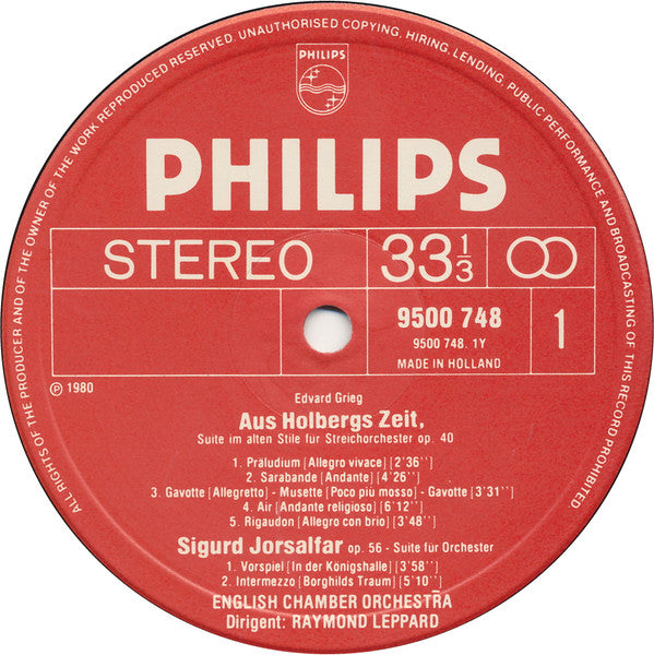Edvard Grieg, English Chamber Orchestra, Raymond Leppard – Holberg Suite / Sigurd Jorsalfar & Lyric Suites LP vinyl record, image 3 of 4