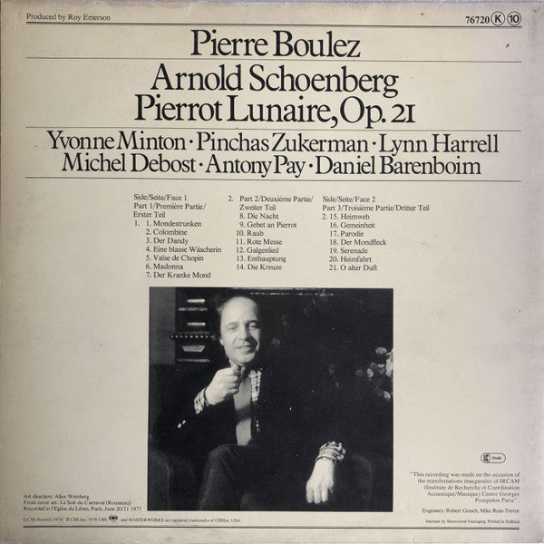 Arnold Schoenberg, Pierre Boulez, Pinchas Zukerman, Lynn Harrell, Michel Debost, Antony Pay, Daniel Barenboim, Yvonne Minton – Pierrot Lunaire LP vinyl record, image 4 of 6