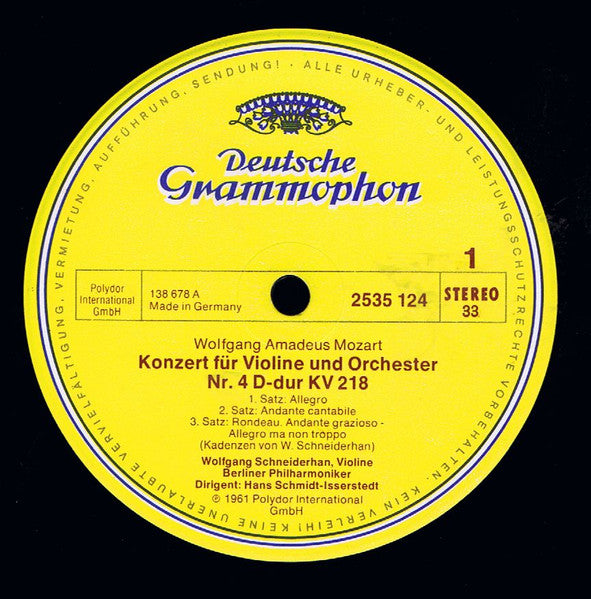 Wolfgang Amadeus Mozart, Wolfgang Schneiderhan, Berliner Philharmoniker, NDR Sinfonieorchester, Hans Schmidt-Isserstedt – Violinkonzerte Nr. 4 Und Nr. 5 LP vinyl record, image 3 of 4