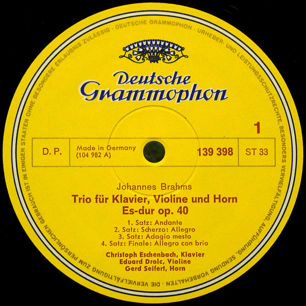 Johannes Brahms, Christoph Eschenbach, Gerd Seifert, Karl Leister, Eduard Drolc, Georg Donderer – Horntrio Op.40 • Klarinettentrio Op.114 LP vinyl record, image 3 of 4