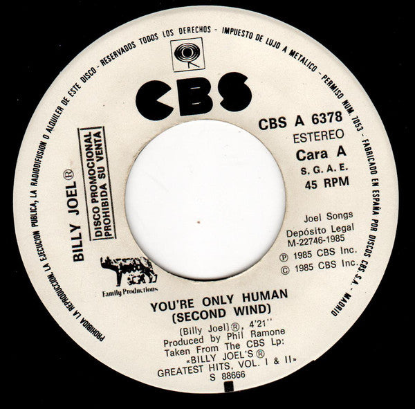 Billy Joel – You're Only Human (Second Wind) 7" vinyl record, image 3 of 4