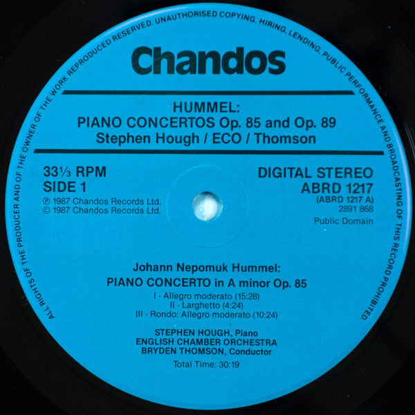 Johann Nepomuk Hummel, Stephen Hough, English Chamber Orchestra, Bryden Thomson – Piano Concerto In B Minor Op. 89 / Piano Concerto In A Minor Op. 85 LP vinyl record, image 3 of 5