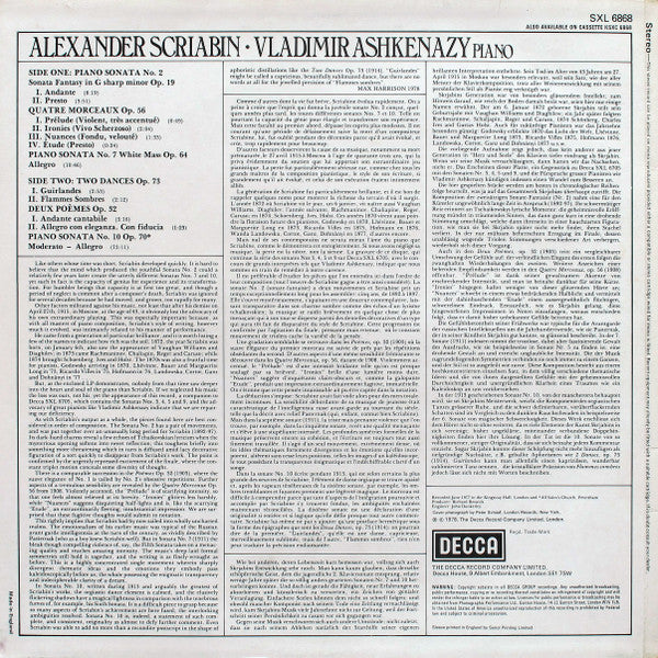 Alexander Scriabin, Vladimir Ashkenazy – Piano Sonatas (No.2 "Sonata Fantasy" ∙ No.7 "White Mass" ∙ No.10 Op.70 / Quatre Morceaux Op.56 ∙ Deux Poèmes Op.32 ∙ Two Dances Op.73) LP vinyl record, image 2 of 4