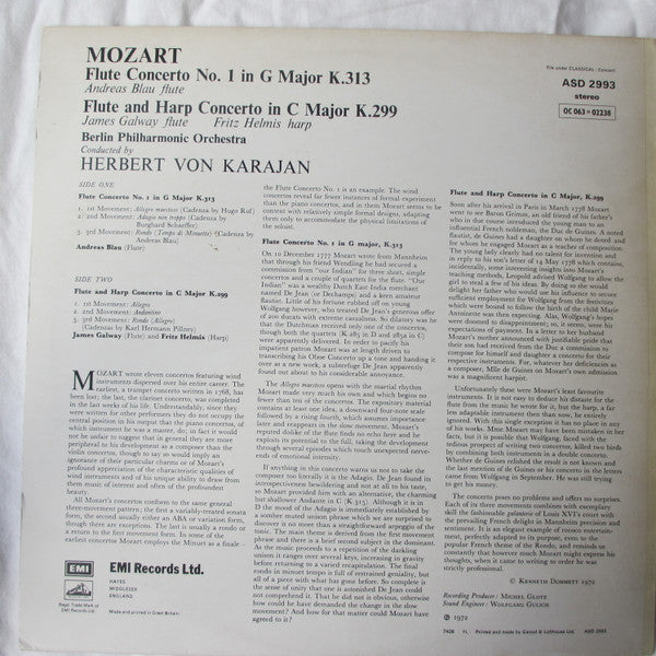 Wolfgang Amadeus Mozart, Herbert Von Karajan, Berliner Philharmoniker, Andreas Blau, James Galway, Fritz Helmis – Karajan Conducts Mozart Concertos LP vinyl record, image 2 of 4