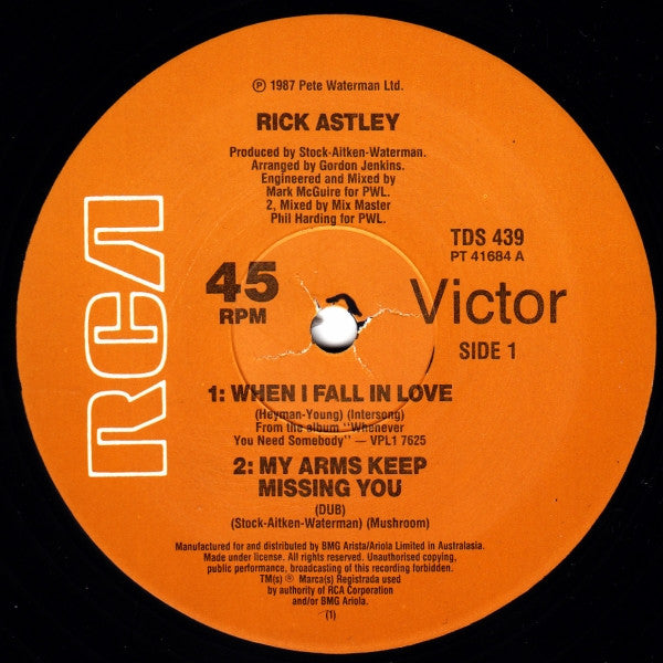 Rick Astley – When I Fall In Love / My Arms Keep Missing You 12" vinyl record, image 3 of 4