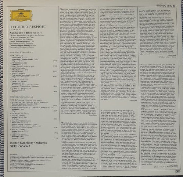 Ottorino Respighi, Boston Symphony Orchestra, Seiji Ozawa – Antiche Arie E Danze = Ancient Airs And Dances LP vinyl record, image 2 of 4
