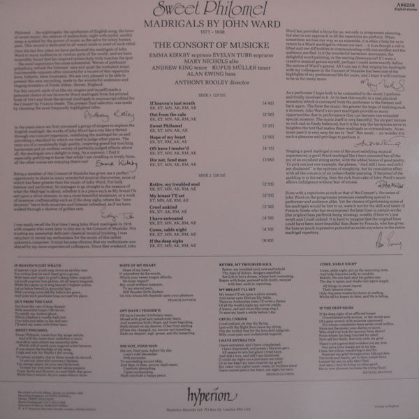John Ward, The Consort Of Musicke, Anthony Rooley – Sweet Philomel (Madrigals By John Ward) LP vinyl record, image 2 of 4