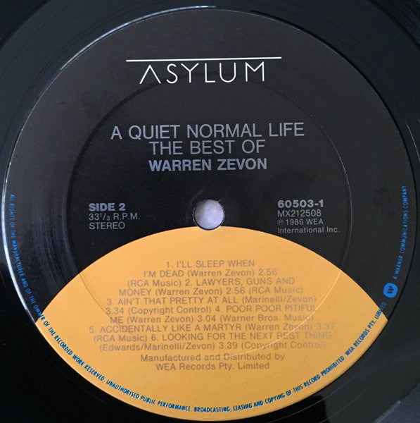 Warren Zevon – A Quiet Normal Life: The Best Of Warren Zevon LP vinyl record, image 4 of 4