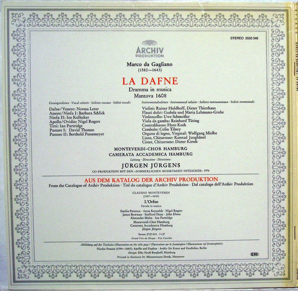 Marco Da Gagliano, Jürgen Jürgens – La Dafne LP vinyl record, image 2 of 3