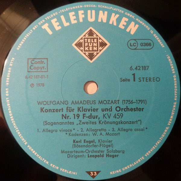 Wolfgang Amadeus Mozart, Karl Engel, Das Mozarteum Orchester Salzburg, Leopold Hager – Klavierkonzerte - Piano Concertos - Concertos Pour Piano Nr.8, KV246 - Nr.19, KV459 LP vinyl record, image 3 of 4