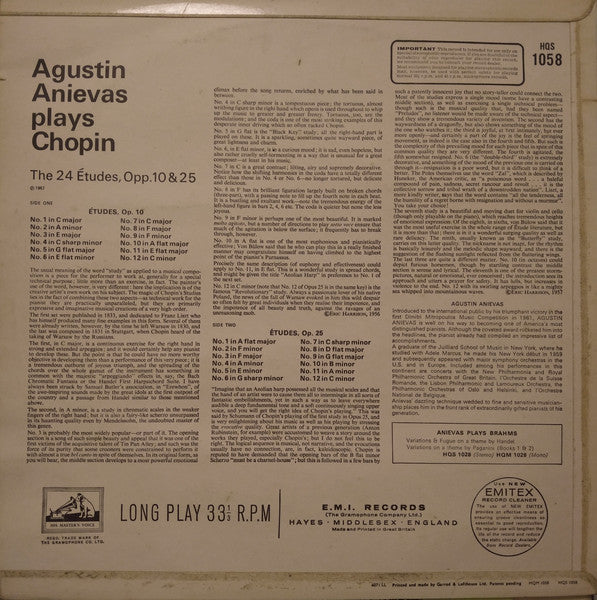 Agustin Anievas, Frédéric Chopin – The 24 Etudes, Opp. 10 & 25 LP vinyl record, image 2 of 4