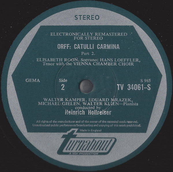 Carl Orff, Elisabeth Roon, Hans Loeffler, Wiener Kammerchor, Heinrich Hollreiser – Catulli Carmina LP vinyl record, image 4 of 4