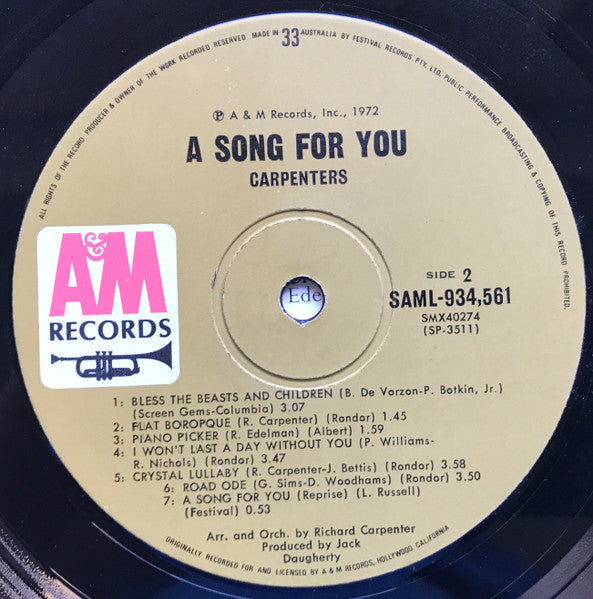 Carpenters – A Song For You LP vinyl record, image 6 of 6
