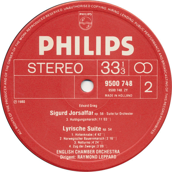Edvard Grieg, English Chamber Orchestra, Raymond Leppard – Holberg Suite / Sigurd Jorsalfar & Lyric Suites LP vinyl record, image 4 of 4