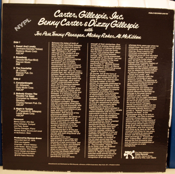 Benny Carter, Dizzy Gillespie – Carter, Gillespie, Inc. LP vinyl record, image 2 of 4