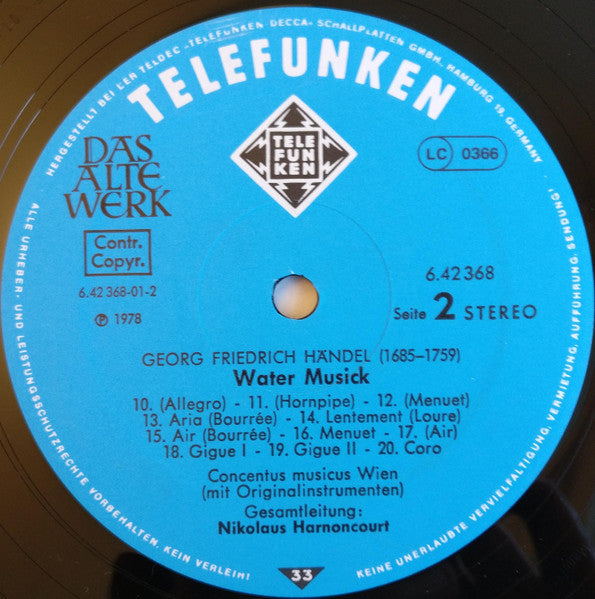 Georg Friedrich Händel, Concentus Musicus Wien, Nikolaus Harnoncourt – Water Musick LP vinyl record, image 6 of 6