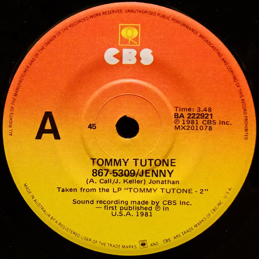 Tommy Tutone – 867-5309/Jenny 7" vinyl record, image 1 of 2
