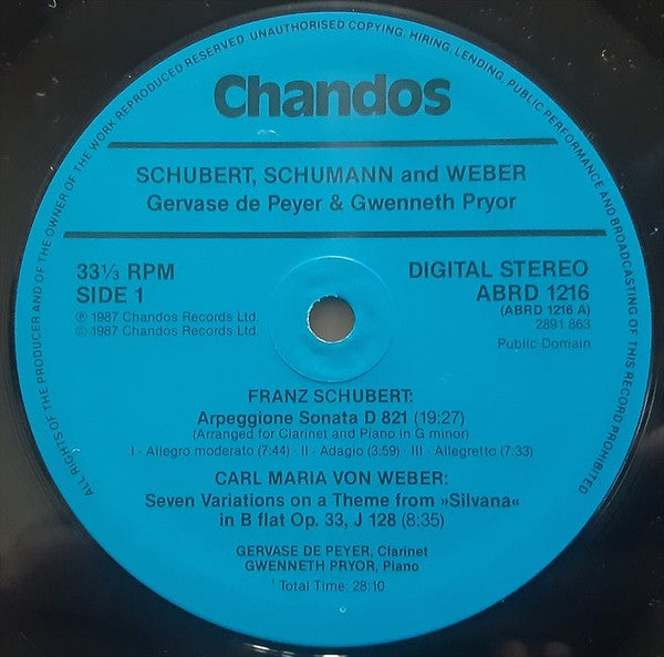 Gervase De Peyer, Gwenneth Pryor, Franz Schubert, Carl Maria Von Weber, Robert Schumann – Arpeggione Sonata / "Silvana" Theme & Variations / Fantasiestücke Op. 73 - Three Romances LP vinyl record, image 3 of 4