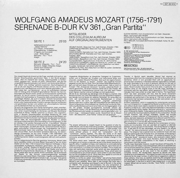 Wolfgang Amadeus Mozart, Mitglieder Des Collegium Aureum – Serenade B-Dur KV 361 'Gran Partita' LP vinyl record, image 2 of 4