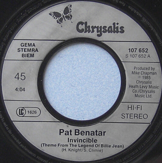 Pat Benatar – Invincible (Theme From The Legend Of Billie Jean) 7" vinyl record, image 3 of 4