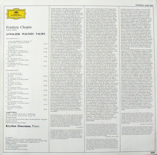 Frédéric Chopin, Krystian Zimerman – 14 Walzer · Waltzes LP vinyl record, image 2 of 4