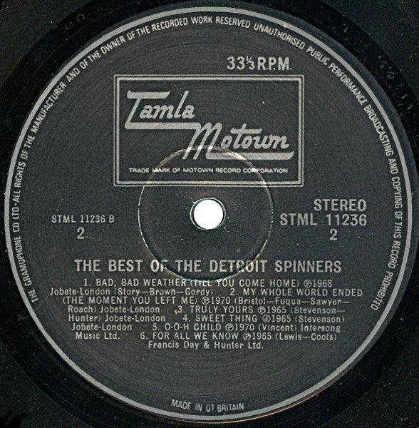 Spinners – The Best Of The Detroit Spinners LP vinyl record, image 4 of 4