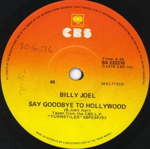 Billy Joel – Say Goodbye To Hollywood 7" vinyl record, image 1 of 2