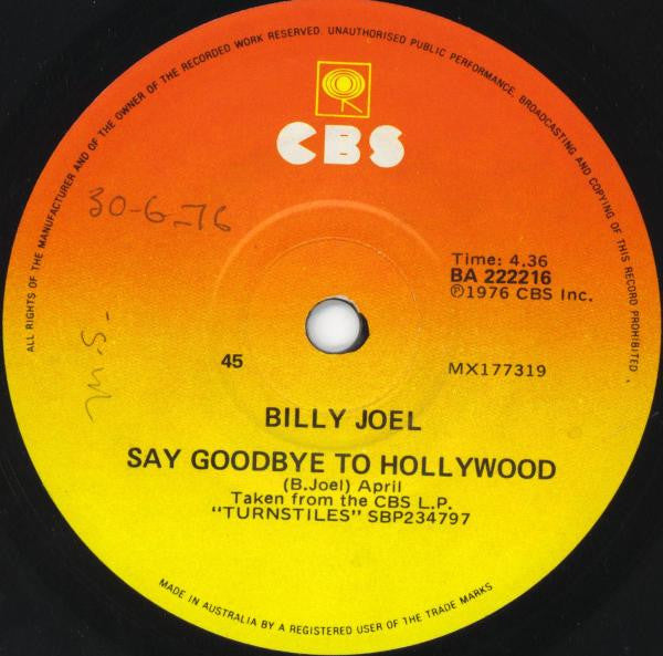 Billy Joel – Say Goodbye To Hollywood 7" vinyl record, image 1 of 2