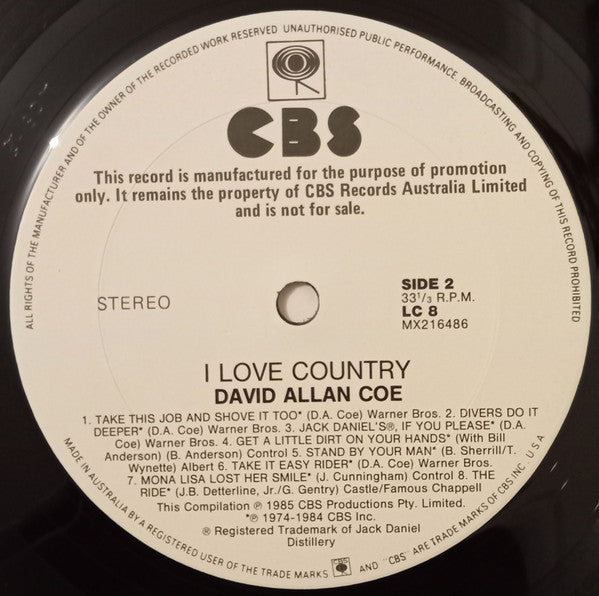 David Allan Coe – I Love Country LP vinyl record, image 4 of 4